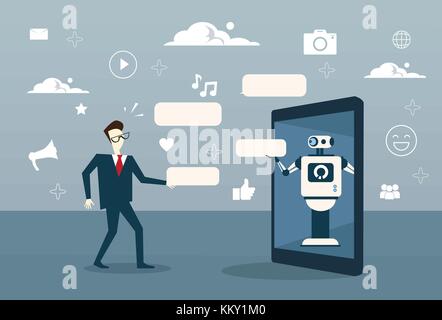 Man Chatting With Chat Bot From Digital Tablet Or Cell Smart Phone Digital Support Technology Stock Vector
