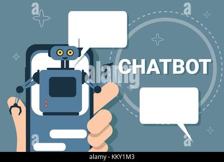 Chatbot Concept Support Robot Technology Digital Chat Bot Application On Smart Phone Stock Vector