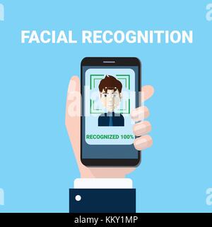 Facial Recognition Concept Hand Holding Smartphone Scanning Of Male Face Biometrics Scan Access Technology Concept Stock Vector