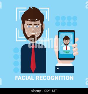 Facial Recognition Concept Hand Holding Smartphone Scanning Of Male Face Biometrics Scan Access Technology Concept Stock Vector