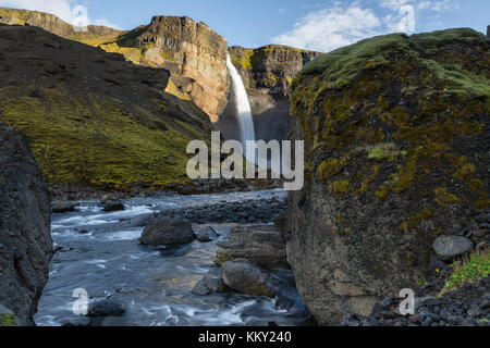 The waterfall Háifoss is situated near the volcano Hekla in the south of Iceland. The river Fossá, a tributary of Þjórsá, drops here from a height of  Stock Photo