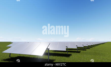 Solar panels with wind generator on clear sky 3D render Stock Photo