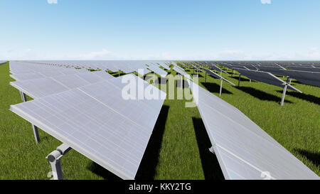 Solar panels with wind generator on clear sky 3D render