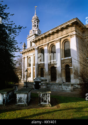 Greenwich, London: S vestibule & W steeple of St Alfege Church, named after Anglo-Saxon martyr killed by Danes. Built 1714-18 by Nicholas Hawksmoor. Stock Photo