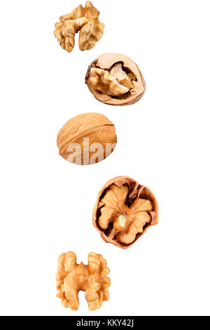 Falling walnuts isolated on white background with clipping path Stock Photo