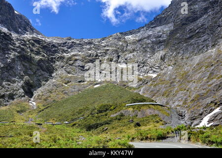 Entrance to Homer tunnel under Darran Mountain on Milford Sound Highway, Fiordland, New Zealand Stock Photo