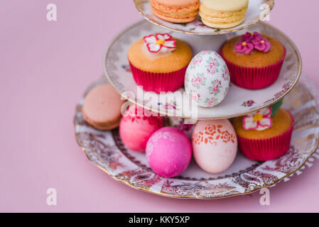 Etagere, muffin, Macarons, Easter eggs, detail, bird's-eye view, Stock Photo