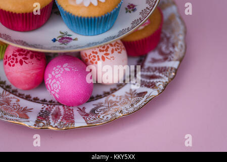 Etagere, muffin, Macarons, Easter eggs, detail, bird's-eye view, close up, Stock Photo