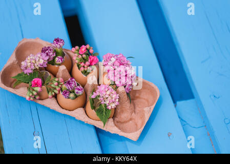 Flowers decorated in eggshells, Still life Easter Stock Photo