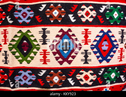 Chiprovtsi Carpets (rugs). Traditional colorful carpets from Chiprovtsi region in Bulgaria. Hand-woven (hand-made) carpets with different elements and Stock Photo