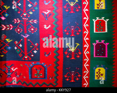 Chiprovtsi Carpets (rugs). Traditional colorful carpets from Chiprovtsi region in Bulgaria. Hand-woven (hand-made) carpets with different elements and Stock Photo
