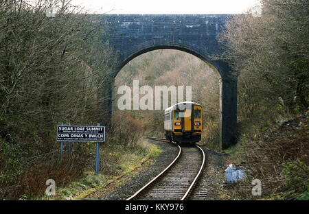 The Arriva Trains Wales service to Swansea departs from Sugar Loaf railway station, the most remote station on the Heart of Wales Line, situated by th Stock Photo