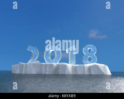 3D rendering of new year date 2018 formed from ice placed on ice floe floating on sea surface Stock Photo