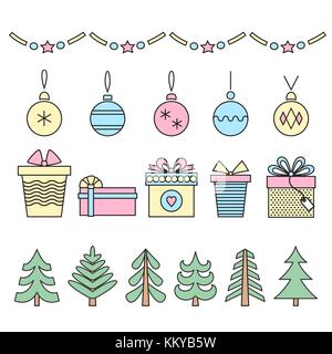 Set of line art christmas symbols . Trees , balls , snowflakes and gifts on white . Vector . Stock Vector