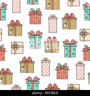 Seamless pattern with cute color gifts . Vector line art background . Stock Vector