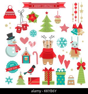 Set of christmas flat design objects . Vector color illustration . Stock Vector