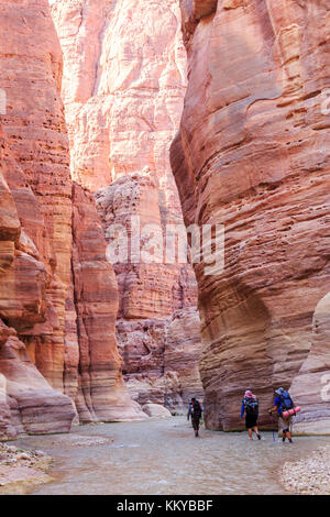 Three hikers on the scenic water hike in Wadi Hassa, Jordan, Middle East Stock Photo