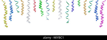 Panoramic festive image with close-up multi coloured rolls curly ribons hanging from the top on black backgroung Stock Photo