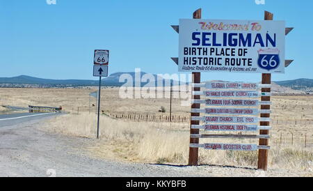 Seligman, Arizona, USA, June 23, 2013: The Welcome to Seligman road sign on Route 66 in Arizona. Stock Photo