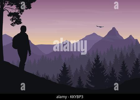 A tourist walking through a mountain landscape with a forest and watching a flying bird under a morning sky with a dawn - vector Stock Vector