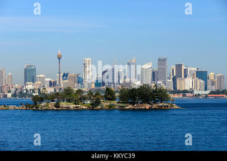 Sydney Central Business District, with Shark Island in foreground, from Hermit Bay, Vaucluse, an eastern suburb of Sydney, New South Wales, Australia Stock Photo