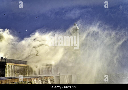 Tynemouth North Pier during raging winter storm Stock Photo