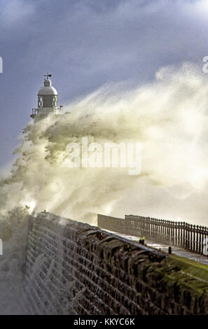 Tynemouth North Pier during raging winter storm Stock Photo