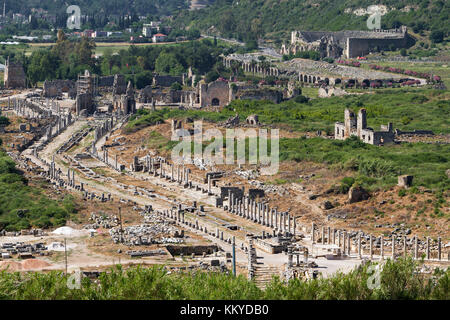 Aerial view over the roman ruins at Perge, Antalya, Turkey. Stock Photo