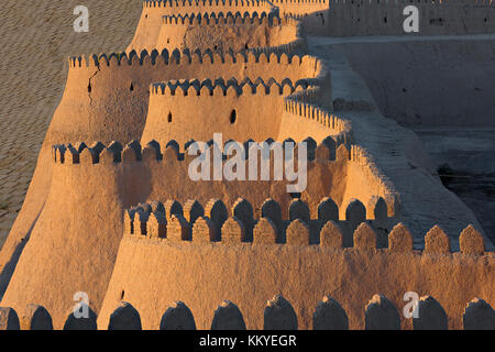 City walls of the ancient city of Khiva in Uzbekistan, at the sunset. Stock Photo