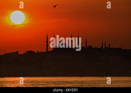 Silhouette of the Blue Mosque in Istanbul at the sunset. Stock Photo