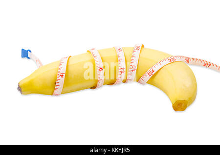 Fresh banana with measuring tape isolated on white background, Save clipping path. Stock Photo