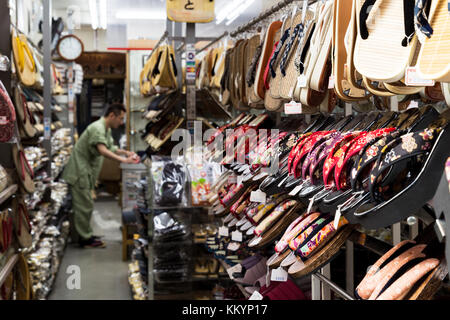 Tokyo, Japan - May 24, 2019 : Japanese traditional shoe shop (geta wood clog) in the local market, Tokyo, Japan. Stock Photo