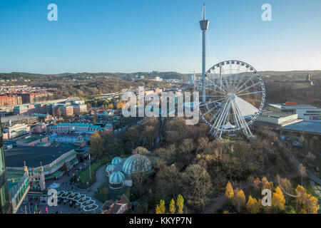 Aerial view of Liseberg during late autumn in Gothenburg. Liseberg is Sweden’s largest and most popular amusement park. Stock Photo