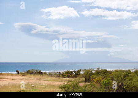 View from Antigua to the active Soufriere Hills Volcano in Montserrat during an eruption. Stock Photo