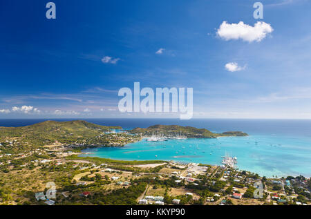 View from Monks Hill over Falmouth Harbor to English Harbor and the Caribbean Sea. Stock Photo