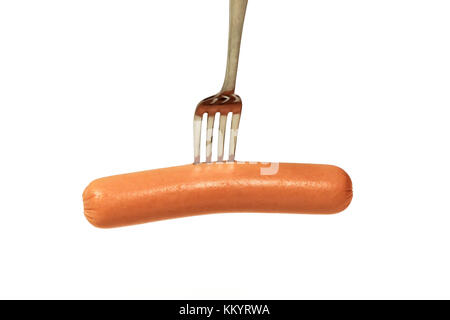 On a metal fork pinned sausage on a white background Stock Photo