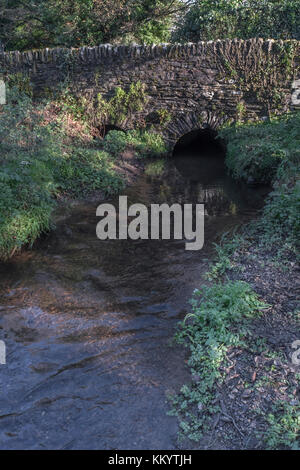 Small rural stone bridge arching over a small, clear-running, stream. Freshwaters stream, water sources, source of water concepts. Stock Photo