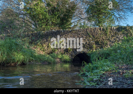 Small rural stone bridge arching over a small, clear-running, stream. Freshwaters stream, water sources, source of water concepts. Stock Photo