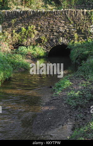 Small rural stone bridge arching over a small, clear-running, stream. Freshwaters stream, water sources, source of water concepts. Stock Photo