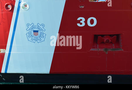 Close up of the US Coast Guard logo on the side of the Great Lakes cutter Mackinaw. Stock Photo