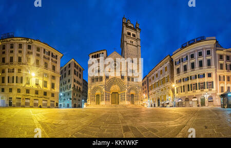 Cathedral of Genoa at dusk. Panoramic view from  Piazza San Lorenzo square in Genoa, Liguria, Italy Stock Photo