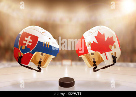 Low angle view of hockey helmets with Canada and Slovakia flags painted and hockey puck on ice in brightly lit stadium background. Concept of intense  Stock Photo