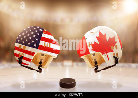 Low angle view of hockey helmets with Canada and Russia flags painted and hockey puck on ice in brightly lit stadium background. Concept of intense ri Stock Photo