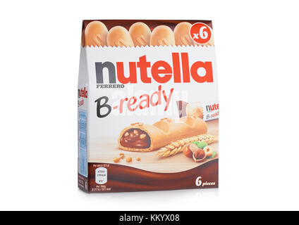 LONDON, UK - DECEMBER 01, 2017: Nutella B-Ready chocolate bars nox on white background.Nutella is the brand name of a chocolate hazelnut Stock Photo