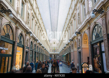 Brussels, Belgium - April 22, 2017: People shop in the historical Galeries Royales Saint-Hubert shopping arcades in Brussels Stock Photo