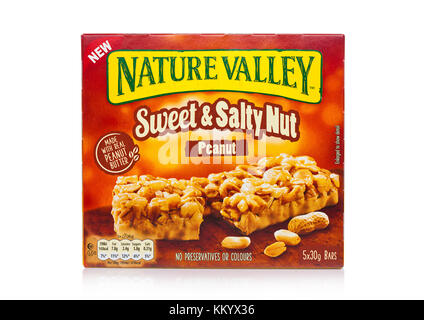 LONDON, UK - DECEMBER 01, 2017: Nature Valley crunchy granola bars with peanut in a box with on white background. Nature Valley is a General Mills bra Stock Photo
