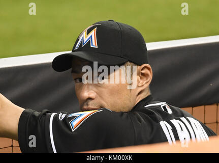 MIAMI, FL - JULY 30: Ichiro Suzuki, the baseball pioneer who proved 15 years ago that Japanese hitters could succeed in Major League Baseball, reached a hallowed milestone Sunday when he became the 30th player to compile 3,000 hits on July 30, 2016 in Miami, Florida  People:  Ichiro Suzuki Stock Photo