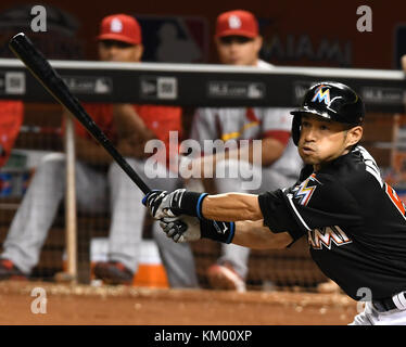 MIAMI, FL - JULY 30: Ichiro Suzuki, the baseball pioneer who proved 15 years ago that Japanese hitters could succeed in Major League Baseball, reached a hallowed milestone Sunday when he became the 30th player to compile 3,000 hits on July 30, 2016 in Miami, Florida  People:  Ichiro Suzuki Stock Photo