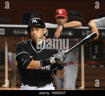 MIAMI, FL - JULY 30: Ichiro Suzuki, the baseball pioneer who proved 15 years ago that Japanese hitters could succeed in Major League Baseball, reached a hallowed milestone Sunday when he became the 30th player to compile 3,000 hits on July 30, 2016 in Miami, Florida  People:  Ichiro Suzuki Stock Photo