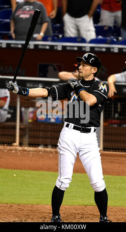 MIAMI, FL - JULY 30: Ichiro Suzuki, the baseball pioneer who proved 15 years ago that Japanese hitters could succeed in Major League Baseball, reached a hallowed milestone Sunday when he became the 30th player to compile 3,000 hits on July 30, 2016 in Miami, Florida  People:  Ichiro Suzuki Stock Photo